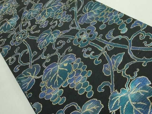 平和屋着物○極上 六通柄袋帯 葡萄蔦の葉文 黒地 金糸 逸品