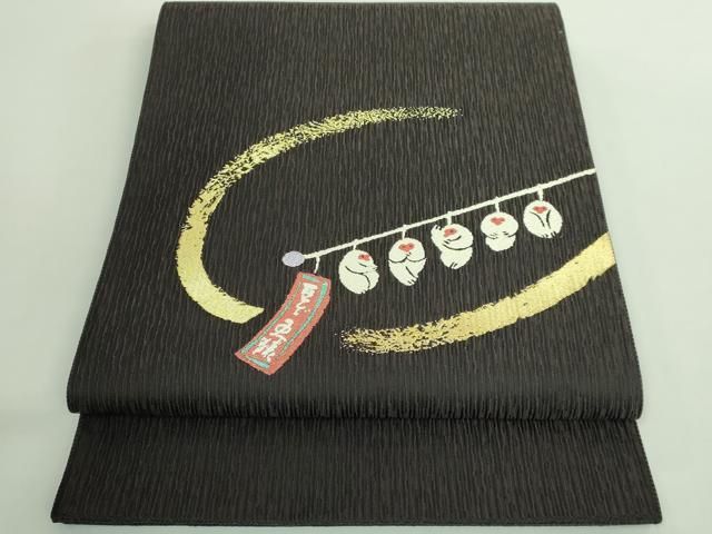 平和屋着物● 上 太鼓柄袋帯 豆ざる 黒地 金糸 kh 6