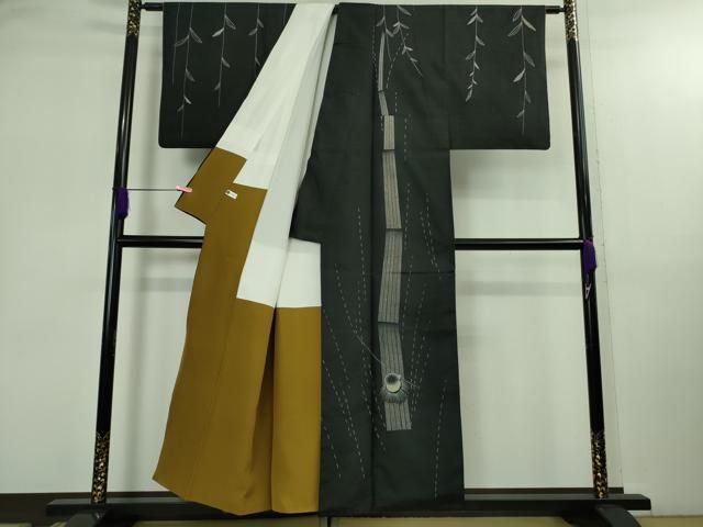 平和屋着物● 上 訪問着 紬 刺し子 総刺繍 人物 蓑笠 枝垂れ柳 黒地 kh 6