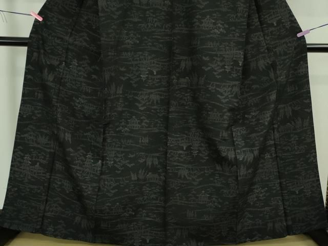  平和屋着物▽ 上 結城紬 単衣 80亀甲 風景文 黒地 証紙付き ♥ kh 6 紬 着物