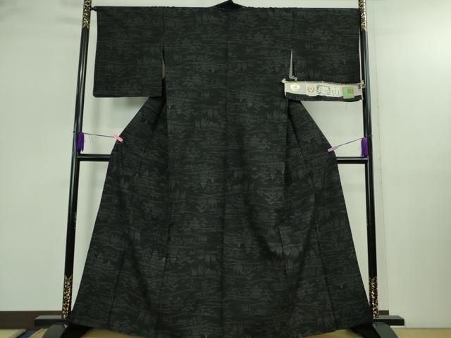 平和屋着物▽ 上 結城紬 単衣 80亀甲 風景文 黒地 証紙付き ♥ kh 6