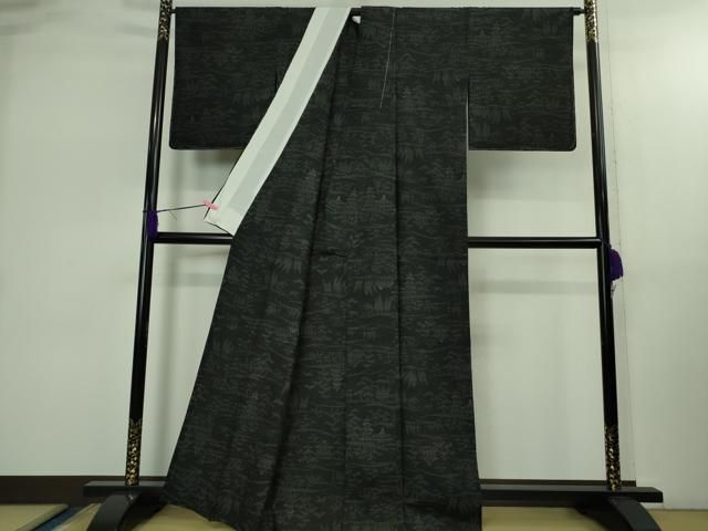 平和屋着物▽ 上 結城紬 単衣 80亀甲 風景文 黒地 証紙付き ♥ kh 6