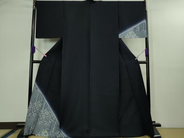 平和屋着物▽ 上 タッサーゴールドシルク 訪問着 紬 単衣 京友禅 藍 切嵌花文 濃藍色 暈し染め 証紙付き ♥ kh 6