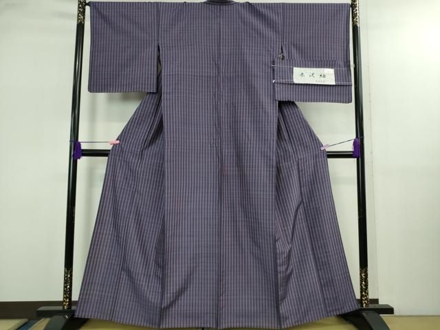 平和屋着物▽ 上 伝統工芸士 玉虫正直 米沢紬 単衣 玉虫工房 格子 証紙付き kh 6