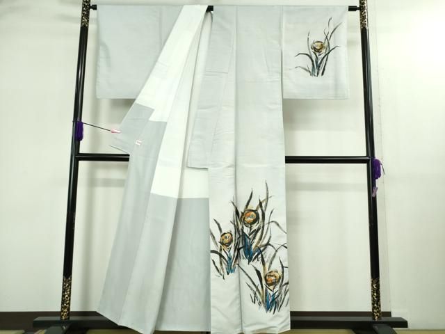 平和屋着物● 上 日本画家 雲龍子月山 訪問着 白山紬地 手描き 草花文 月白色地 kh 6