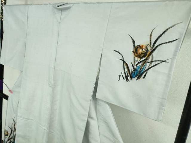 平和屋着物●極上　日本画家　雲龍子月山　訪問着　白山紬地　手描き　草花文　月白色地　逸品　DZAB2808kh6 平和屋着物○極上 日本画家 雲龍子月山 訪問着 白山紬地 手描き 草花文