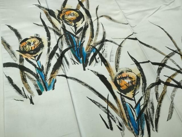 平和屋着物●極上　日本画家　雲龍子月山　訪問着　白山紬地　手描き　草花文　月白色地　逸品　DZAB2808kh6 平和屋着物○極上 日本画家 雲龍子月山 訪問着 白山紬地 手描き 草花文