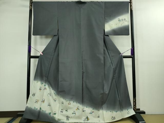 平和屋着物● 上 本天目染 藤原美栄子 訪問着 白山紬 ふくろうの音楽隊 褐色地 金彩 パンフレット付き kh 6