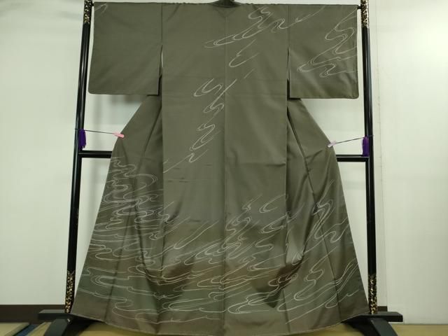 平和屋着物● 上 訪問着 刺し子 総刺繍 白山紬 流水文 藍海松茶色地 暈し染め ♥ kh 6