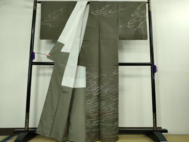 平和屋着物● 上 訪問着 刺し子 総刺繍 白山紬 流水文 藍海松茶色地 暈し染め ♥ kh 6