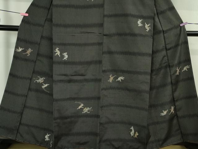 平和屋着物○極上 京の名門・菱屋六右ェ門 紬 鳥獣戯画 黒地 反端付き