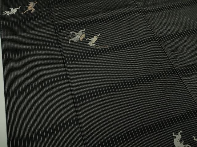 平和屋着物○極上 京の名門・菱屋六右ェ門 紬 鳥獣戯画 黒地 反端付き