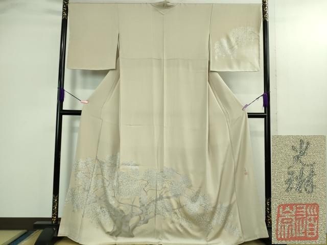 平和屋着物● 上 松尾光琳 訪問着 淡墨桜 練色地 銀彩 保証書付き ♥ kh 6