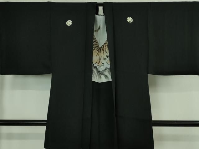 平和屋着物＃極上 男性 黒紋付長羽織 羽裏・虎 逸品 DZAB2849kh6