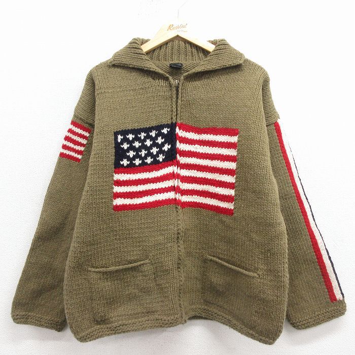 L|古着 長袖 フルジップ ニット カーディガン メンズ 星条旗 ウール エクアドル製 緑 spe 25 nov 18