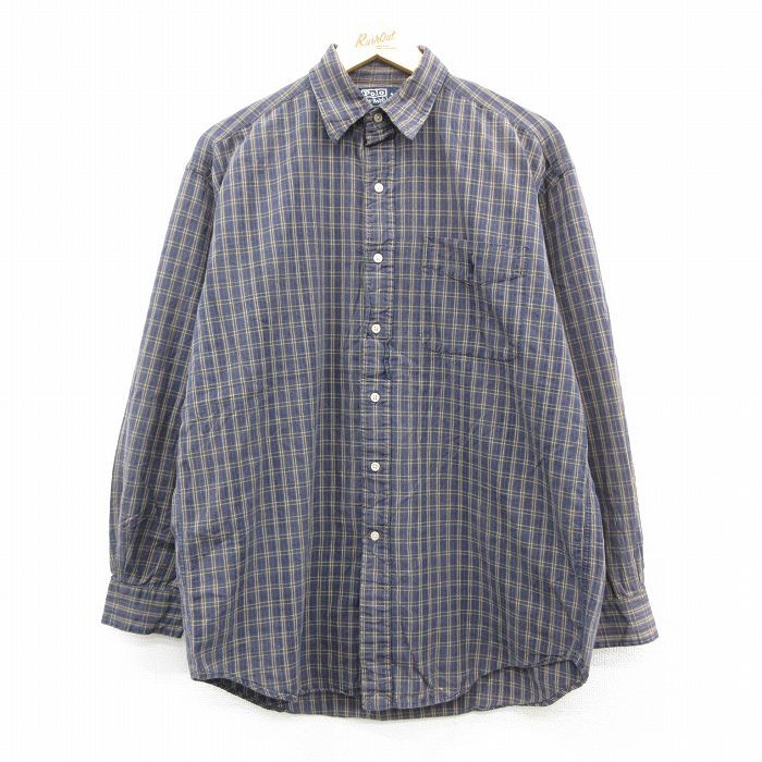 XL|古着 ラルフローレン 長袖 ブランド シャツ メンズ 90年代 90 s ワンポイントロゴ コットン 紺他 チェック spe 25 nov 18