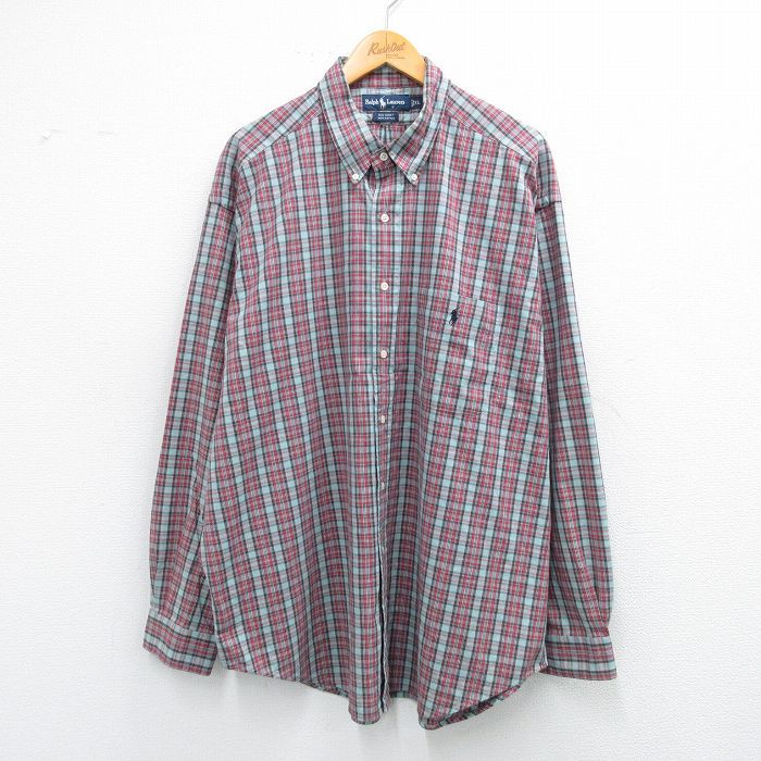 XL|古着 ラルフローレン 長袖 ブランド シャツ メンズ 90年代 90 s ワンポイントロゴ BIG SHIRT 大きいサイズ ロング丈 コットン ボタンダウン 赤他 チェック 25 nov 18