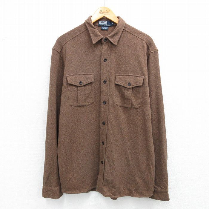 L|古着 ラルフローレン 長袖 ブランド シャツ メンズ 90年代 90 s ヘリンボーン ヒジ当て アルパカ 茶 spe 25 nov 18