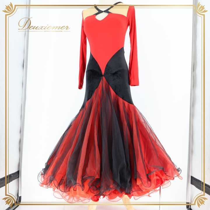 社交ダンス 衣装 スタンダードドレス ワンピース ドレス スタンダード 赤 黒 フリル チュール ベロア デモ 競技 パーティドレス パーティ 発表会 無地 ブラック系 レッド系 感 おしゃれ フォーマル 大人用 長袖 華やか