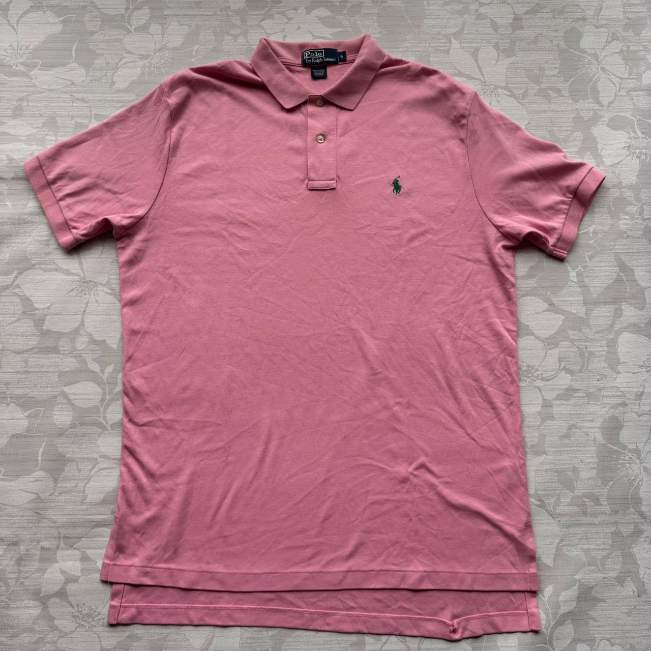 ポロバイラルフローレン (L) ピンク ポロシャツ 緑 ワンポイント刺繍
