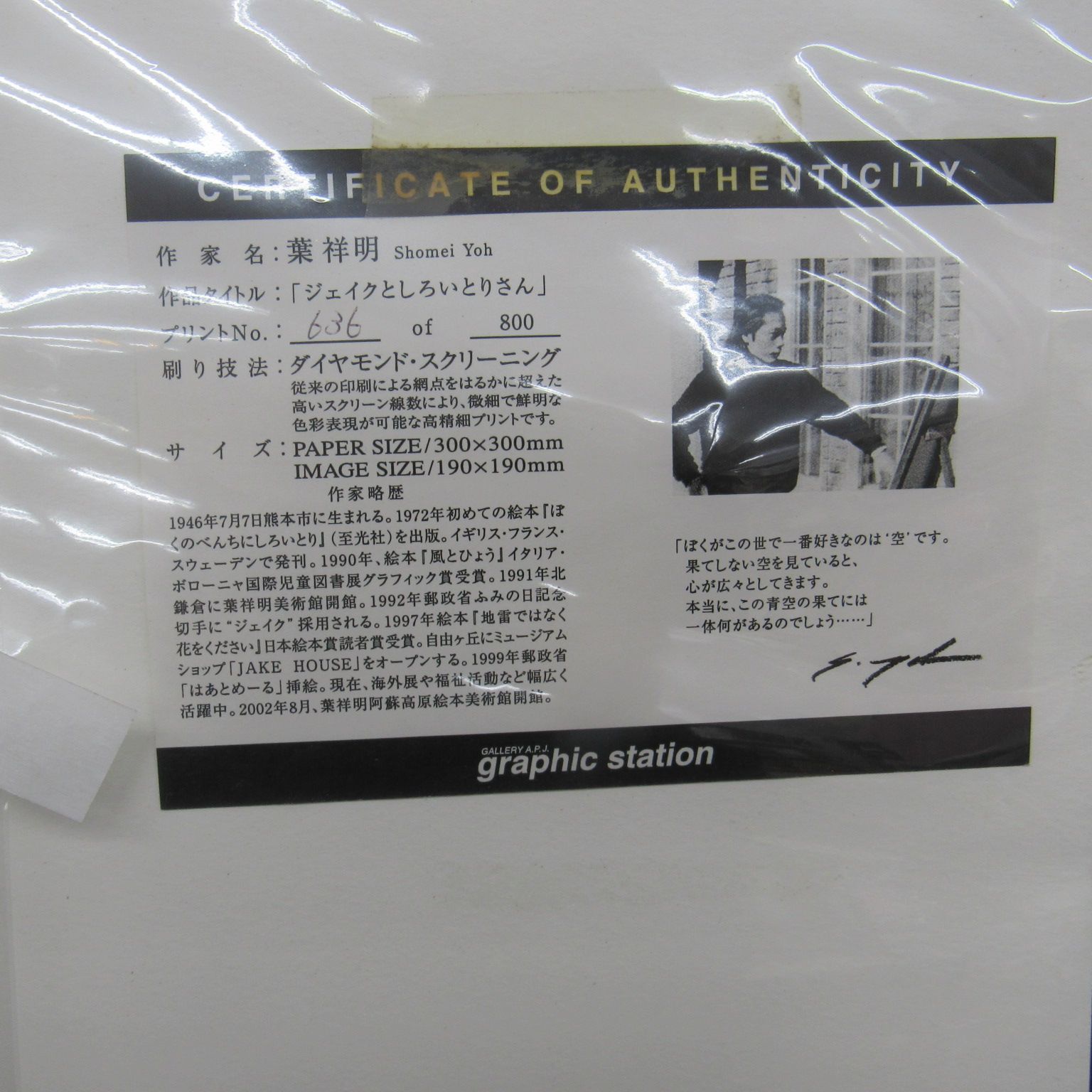 葉 祥明 【ジェイクとしろいとりさん】636/800 ダイヤモンド