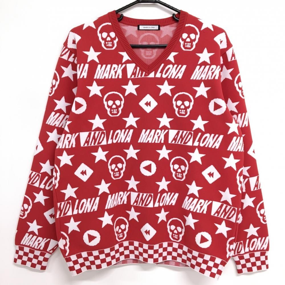 マークアンドロナ セーター レッド×白 総柄 スカル 星 ロゴ ニット