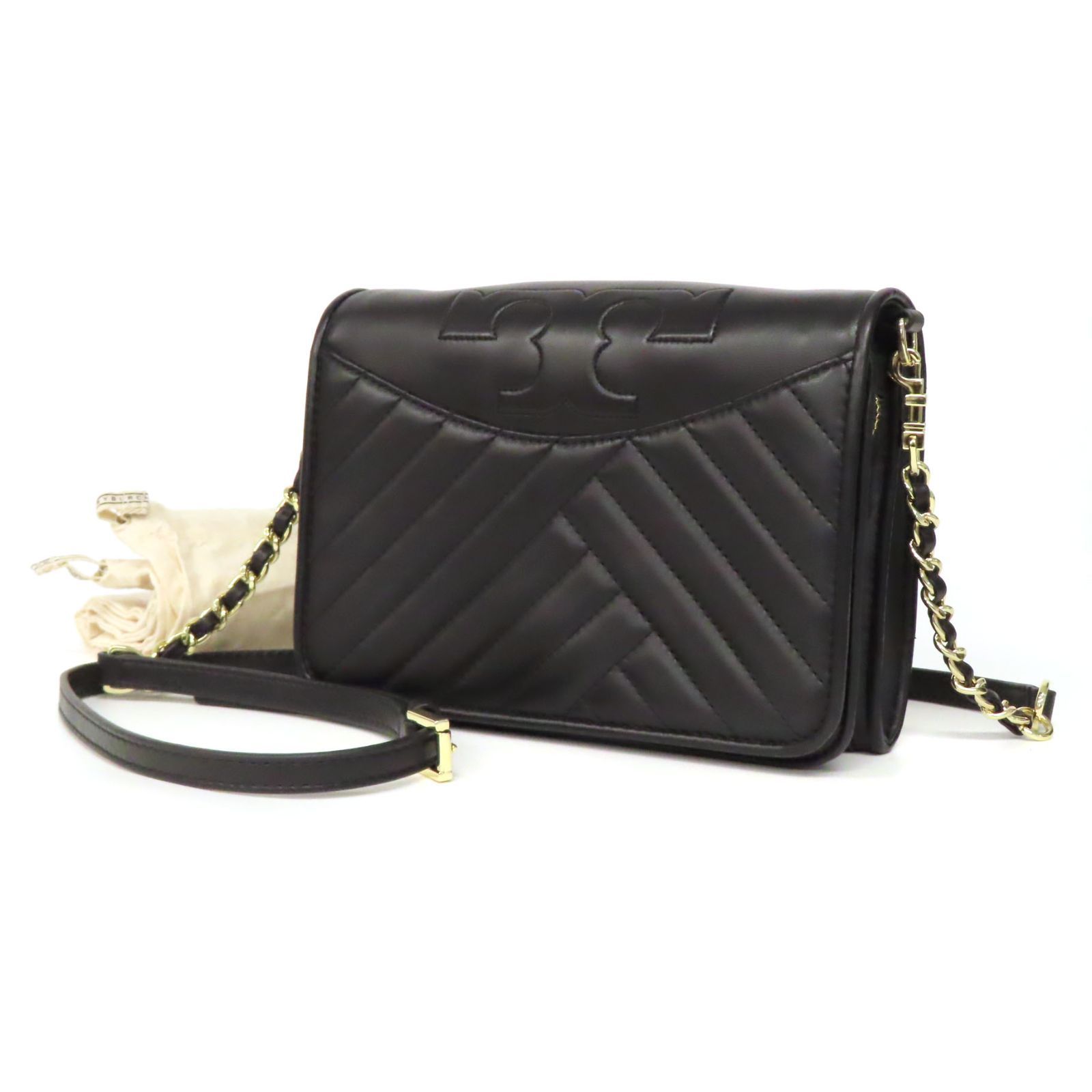 OI 25507 TORY BURCH トリーバーチ 2 WAY チェーン ミニ クロスボディ ショルダーバッグ クラッチバッグ キルティング フラップ レザー 黒 ブラック