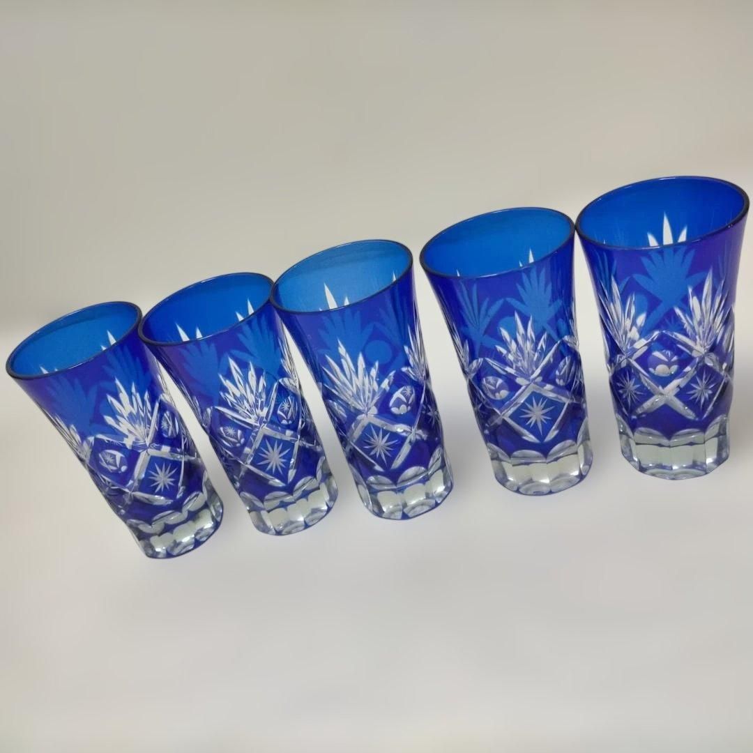 藍切子 切子グラス 5客 未使用 木箱入り 青被せガラス 冷酒 ビール