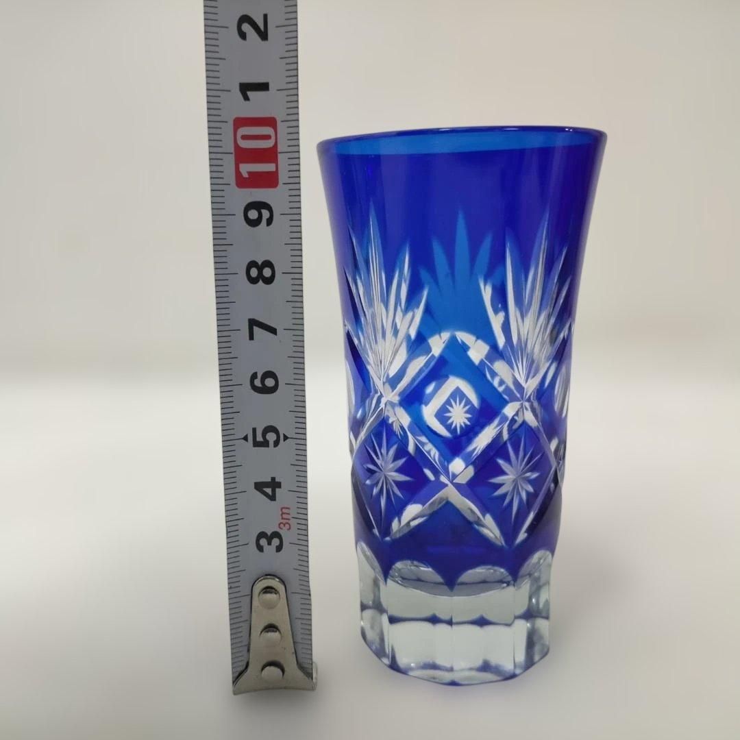 藍切子 切子グラス 5客 未使用 木箱入り 青被せガラス 冷酒 ビール