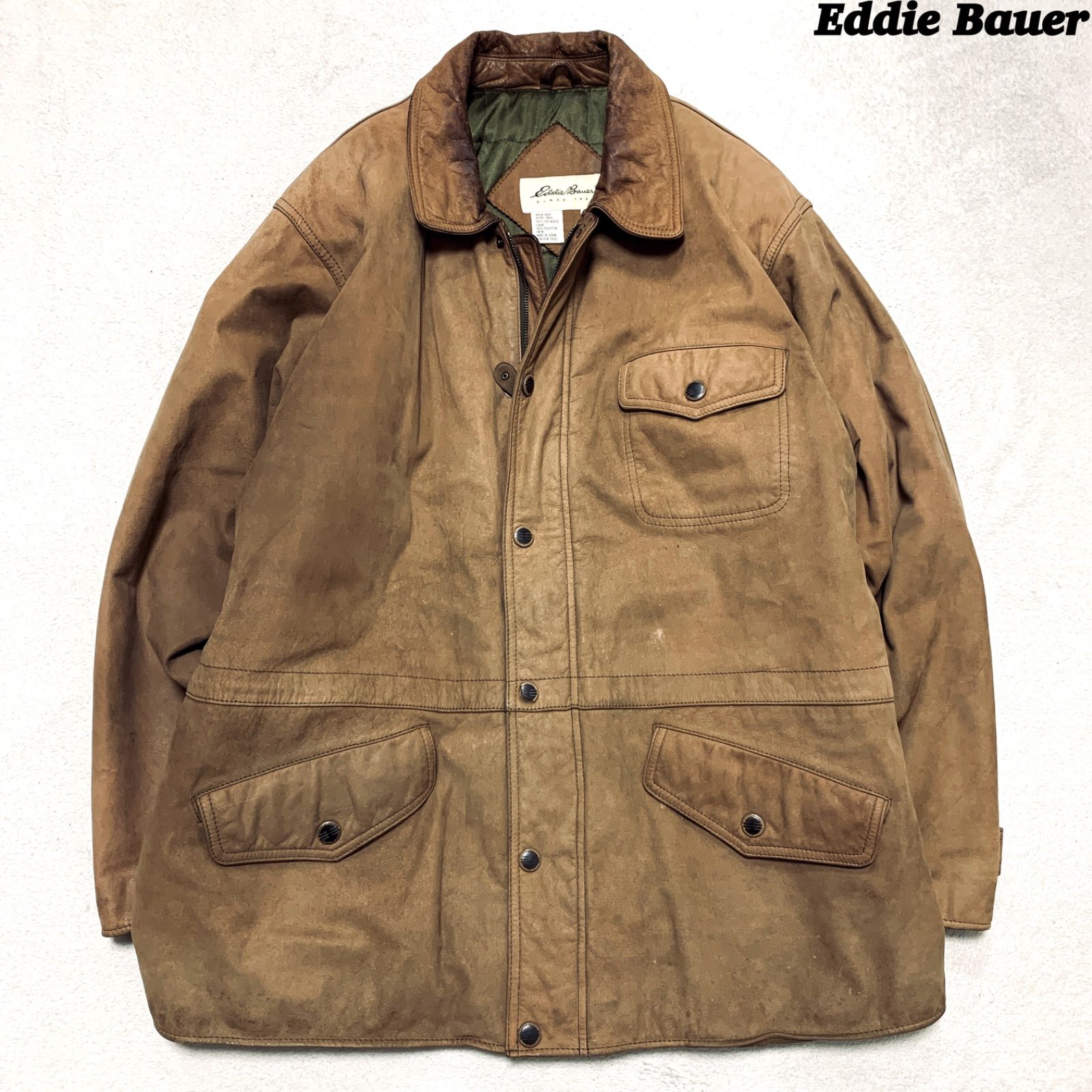 Eddie Bauer レザージャケット ハンティングジャケット ワークジャケット カバーオール カーコート 牛革 Lサイズ ブラウン 茶色 エディーバウアー