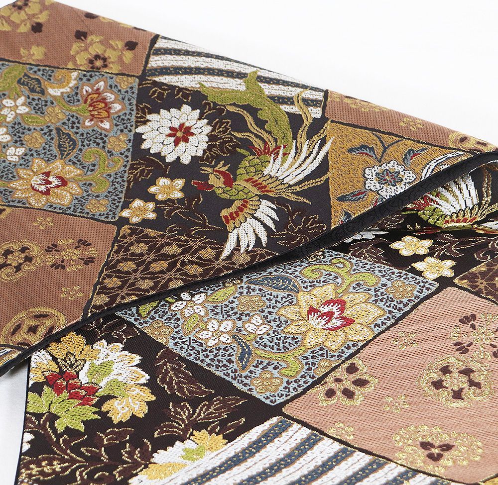 鹿子井山田 西陣織袋帯 正絹 織全九蔵文様 濃茶紫 グリーン ピンク 白