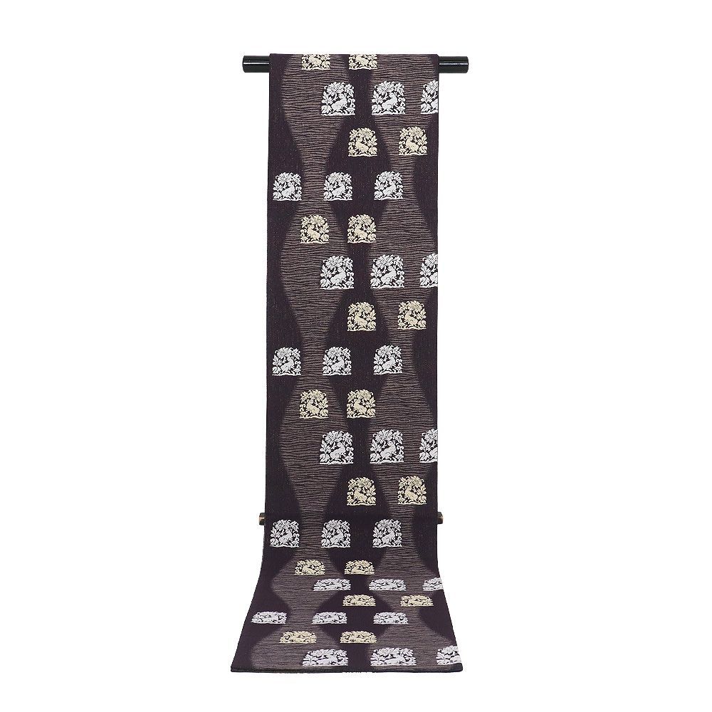 袋帯 正絹 濃紫 金糸通し 立涌文 花兎 Lサイズ F8505 美品 レディース