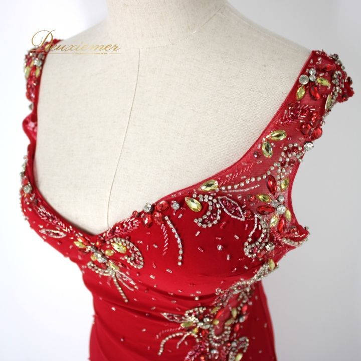 【美品 社交ダンス衣装】レッド ワンピース ドレス ラインストーン レース 袖 社交ダンス 衣装 スタンダード ドレス ワンピース パーティドレス 女性