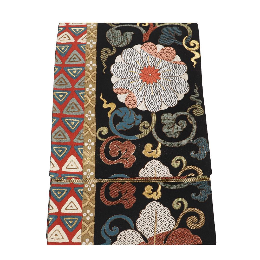 袋帯 正絹 緑 抹茶色 赤 菊蔓 花菱 鱗文 Lサイズ F 8509 レディース シルク ギフト フォーマル 30代 40代 50代