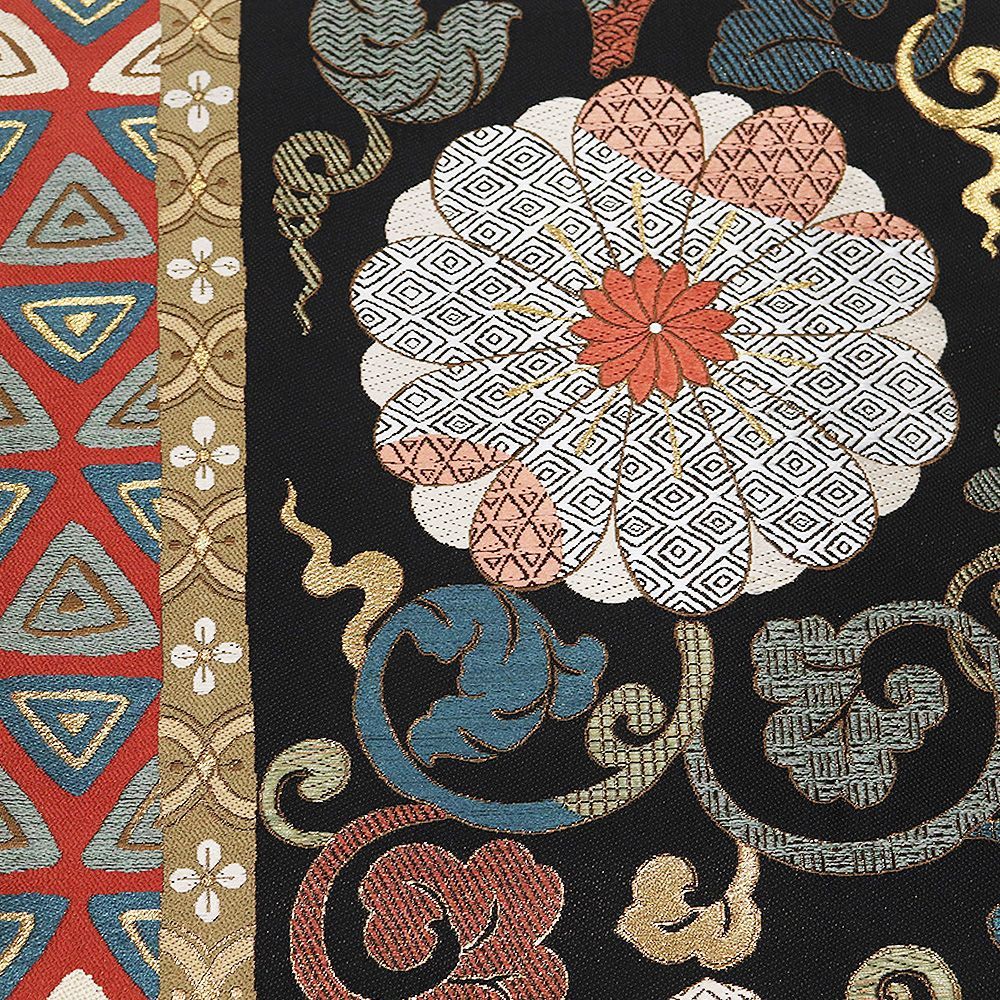 袋帯 正絹 緑 抹茶色 赤 菊蔓 花菱 鱗文 Lサイズ F8509 美品