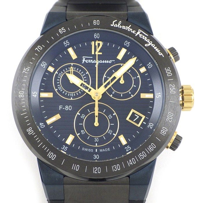 サルヴァトーレ フェラガモ Salvatore Ferragamo 腕時計 F-80 ブルー文字盤 デイト クロノグラフ スモールセコンド ラバーベルト SS クオーツアナログ