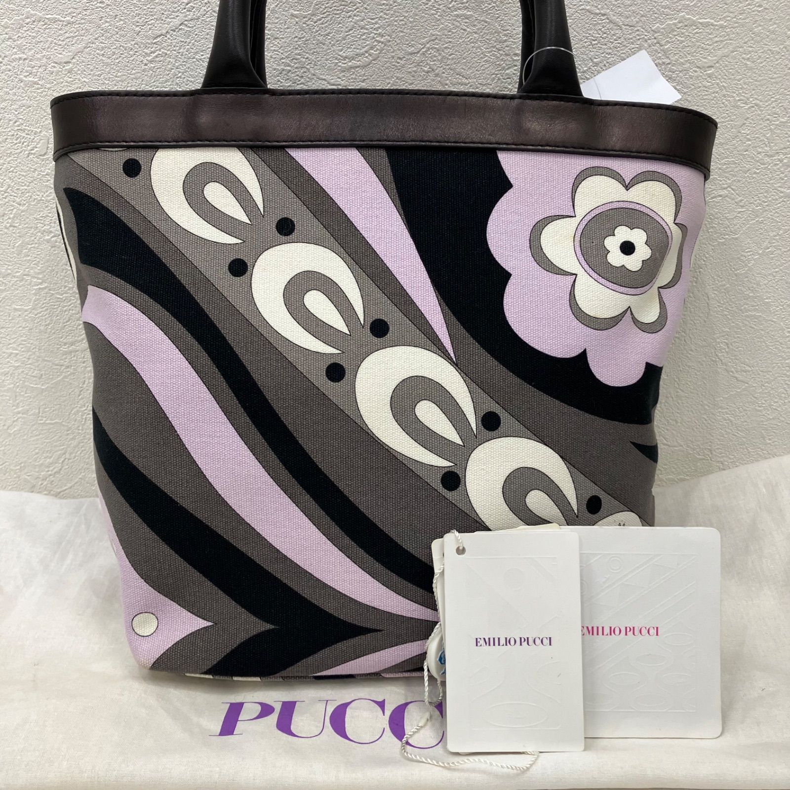 8226 EMILIO PUCCI エミリオプッチ プッチ ハンドバッグ トートバッグ キャンバス レザー グレー ブラック ラベンダー レディース シンプル きれいめ 上品 保存袋付き