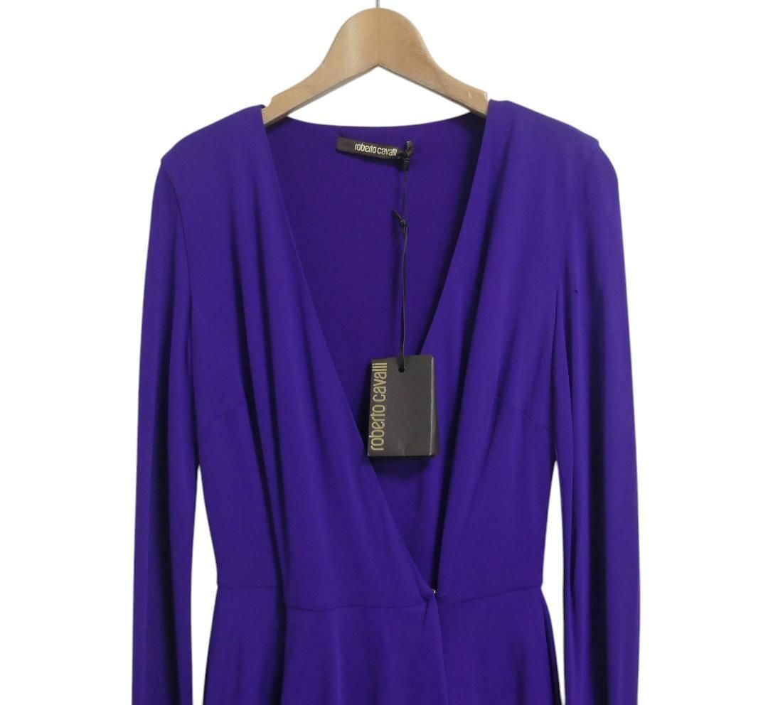 Roberto Cavalli ロベルトカヴァリ サイズ38 レーヨン フリル ペプラム ティアード Vネック 長袖 膝丈 カクテルラップドレス ワンピース 紫 パープル レディース