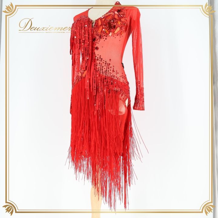 社交ダンス 衣装 タカダンス TAKADANCE ラテン ドレス ワンピース 赤 フリンジ デモ 競技 レース 発表会 パーティ レッド系 競技用ドレス パーティドレス フリンジデザイン 鮮やか 赤いドレス ラテン衣装 ダンス衣装 女性 衣装発表会