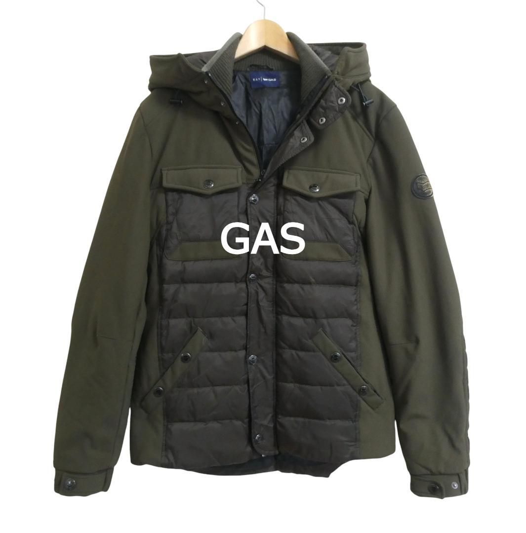 GAS ガス サイズ46 ダックダウン ロゴワッペン フード ポケット ライダース ダウンジャケット カーキ グリーン系 メンズ