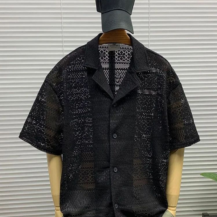 全新♥ 透かし柄 キューバカラー 半袖シャツ メンズ 夏 カジュアル ルーズフィット 万能 五分袖 シャツ K