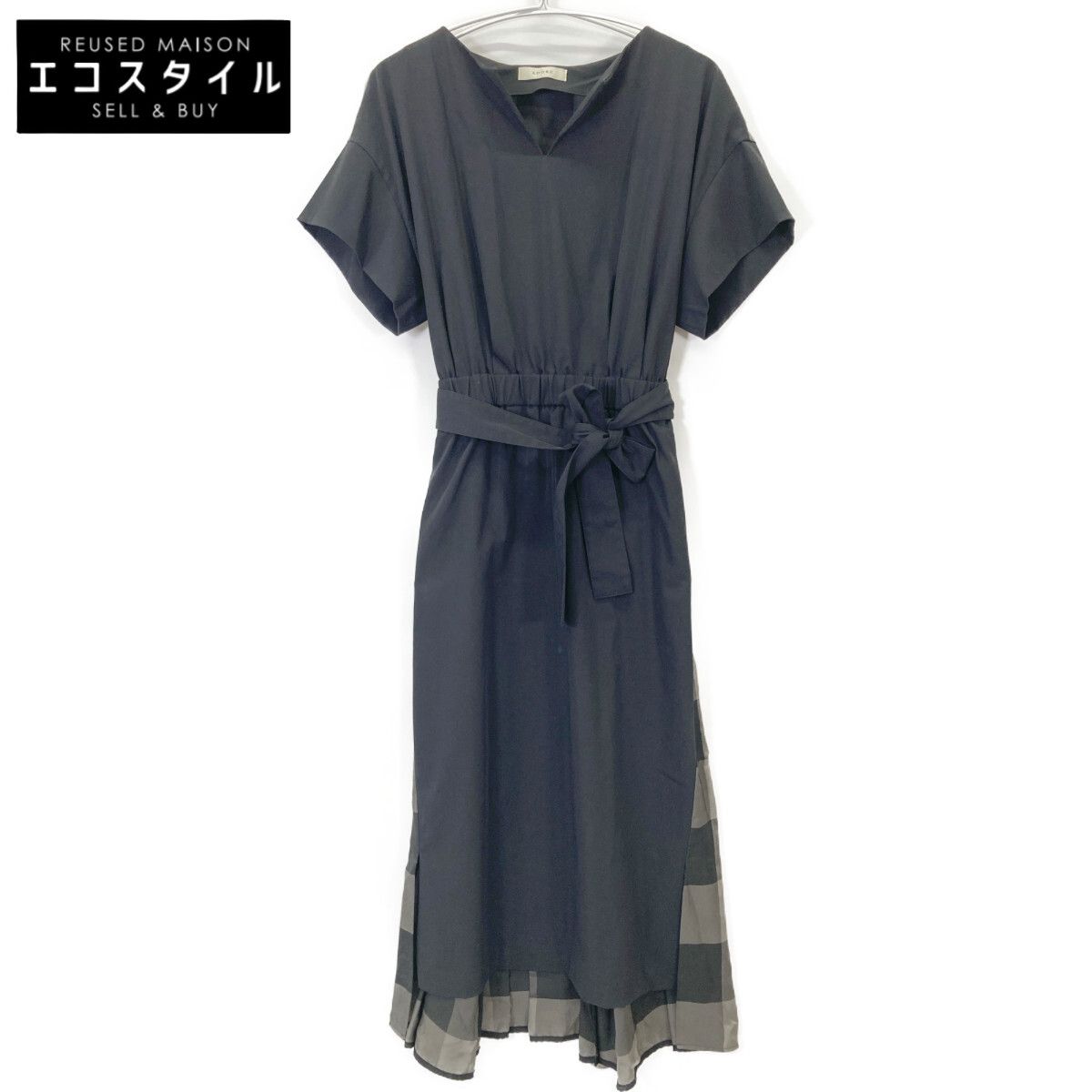 ADORE アドーア 531-8140516 ﾌﾞﾗｯｸ ｳﾞｨｽｺｰｽﾁｪｯｸ切替半袖ﾜﾝﾋﾟｰｽ 38