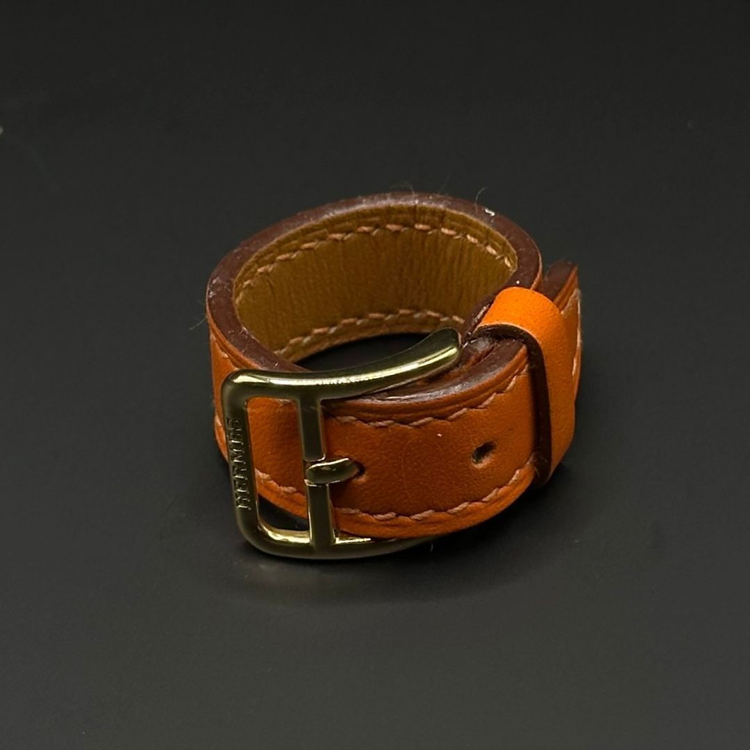 美品】Hermes レザー ベルト スカーフリング オレンジ×ゴールド □I