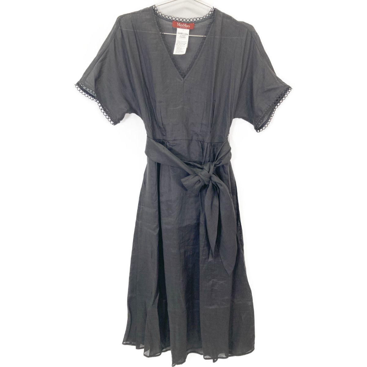 MAXMARA STUDIO マックスマーラスタジオ 黒 ﾘﾈﾝ ﾍﾞﾙﾄ付き ﾜﾝﾋﾟｰｽ 36