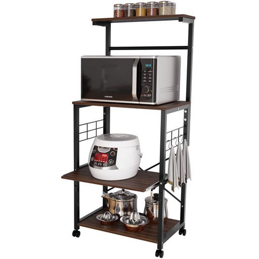 DEWELレンジ台キッチンラックスライド棚四段式幅60 cm高さ150 cm総耐荷重50 kgキッチンワゴンキャスターとアジャスター付きスライド棚レンジボードワゴンダイニングキッチン収納家電や食器収…