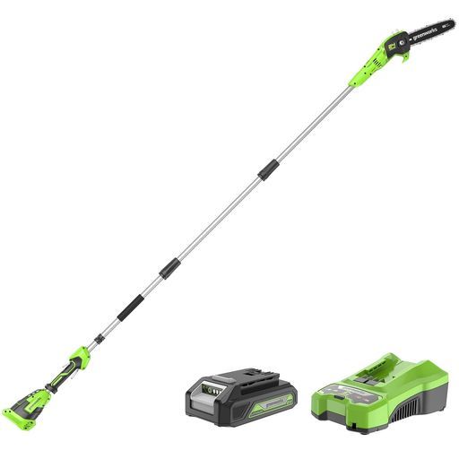 Greenworks グリーンワークス 充電式高枝切り電動チェーンソーグリーンガイドバー20 cm 24 V 2 AhUSBバッテリー 充電器付属24 Vハイパワーで高速カットコードレス型ポールソー長さ2.7 mまで調節可電…