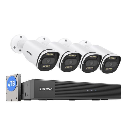 4 K画質 フルカラー撮影 双方向音声 H.View防犯カメラ4台セット4 K 800万画素有線カラー暗視POE給電カメラ8 chH.2654 Kレコーダー8台まで増設可音声録画AI検知機能IP 67防水防塵WDR技術