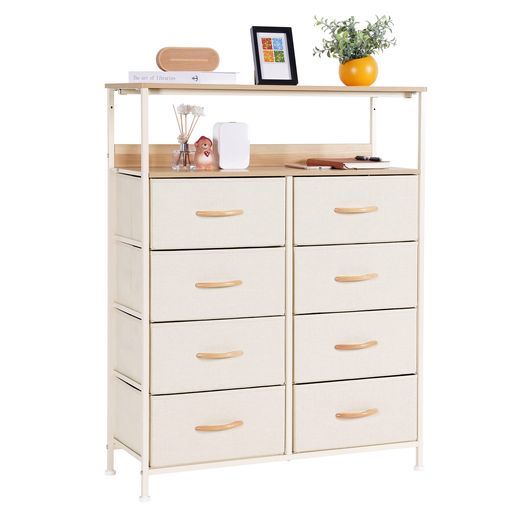 ベージュ棚付き収納チェストタンスキャビネット布製引き出し衣類収納リビング収納低ホルム4段8杯 幅80 x奥行30 x高さ103 cm