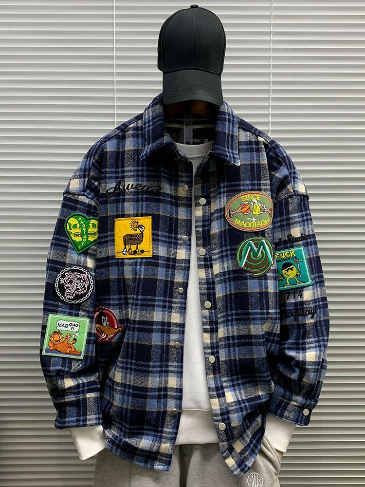 全新♥ 春秋 トレンド チェック柄 長袖 ワッペン付き シャツジャケット メンズ ユニセックス K