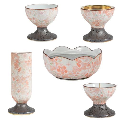 サンメニー和モダン仏具5点セット本格有田焼日本製インテリアに馴染むおしゃれお花ろうそく線香お茶ご飯現代仏壇お仏壇仏具小物祈愛雅桜ピンクフラワースタンドキャンドルスタンド…